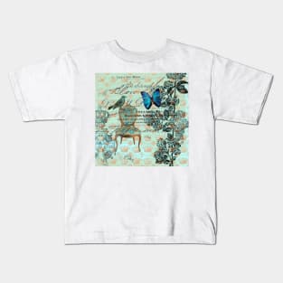 dark academia cottage chic scripts butterfly mint bird botanical Kids T-Shirt